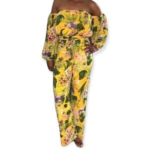 Miss Avenue Jungle Jumpsuit Off Shoulder Open Back Self Tie Belt size Small